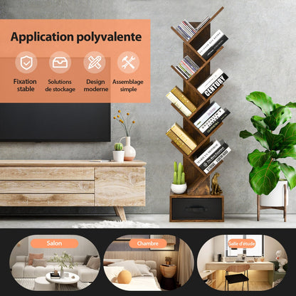 Étagère Bibliothèque, Etagere Colonne, Etagere Salon, Etagere de Rangement, 10 Niveaux avec Tiroir, Brun Rustique, Costway, 8