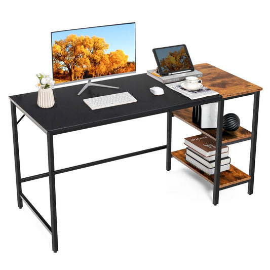 Bureau Ordinateur de 140 cm, Bureau Informatique, Bureau Moderne, Table de Bureau, Poste de Travail, Noir, Costway, 1