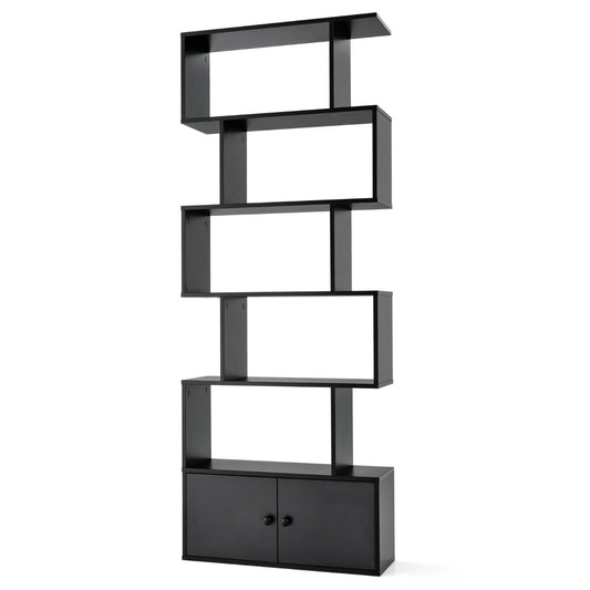 Étagère Bibliothèque, Etagere de Rangement, Etagere Colonne, Échelle en Bois à 6 niveaux avec 2 Portes, Noir, Costway, 1