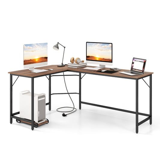 Table, Bureau d'Angle de 168 cm, Table de Bureau, Bureau en L avec Support UC, Poste de Travail, Naturel, Costway, 1