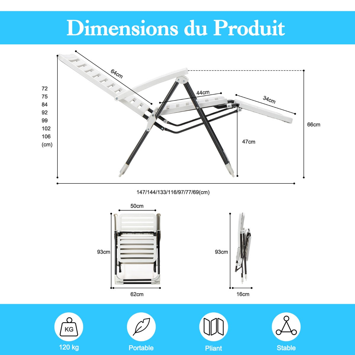 Chaise Longue, chaise de jardin, Transat Jardin, Bain de Soleil Pliable, Inclinable avec Dossier Réglable à 7 Niveaux, Costway, 8