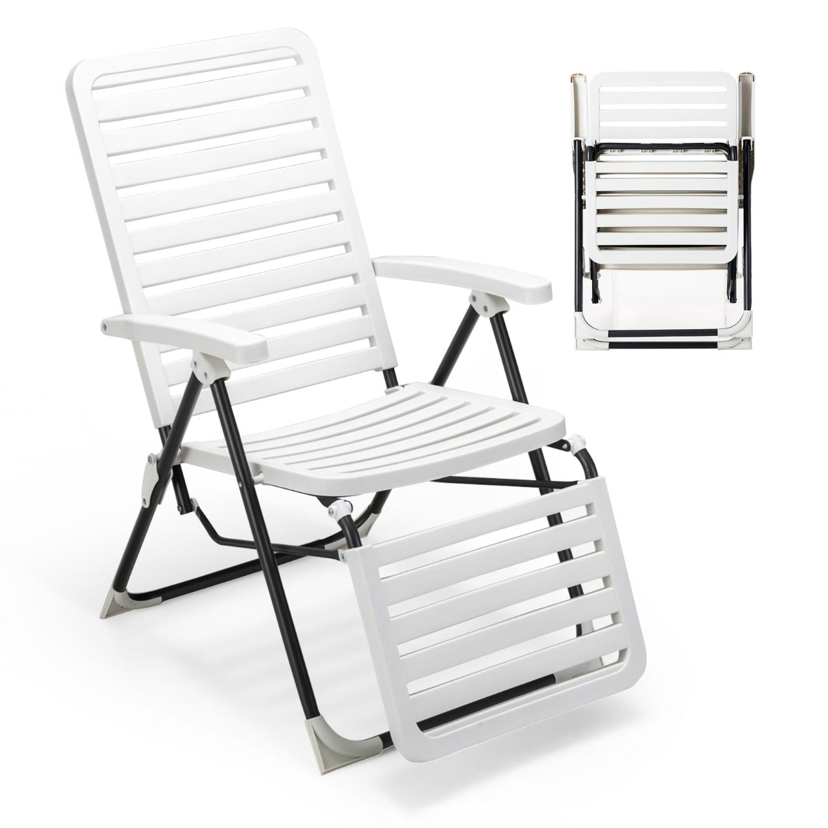 Chaise Longue, chaise de jardin, Transat Jardin, Bain de Soleil Pliable, Inclinable avec Dossier Réglable à 7 Niveaux, Costway, 1