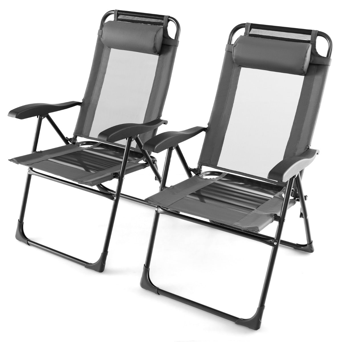 Chaise Longue, Lot de 2, Chaises de Jardin, Chaise Exterieur, Pliante en Tissu Oxford, Appuie-Tête, 7 Positions, Gris, Costway, 5