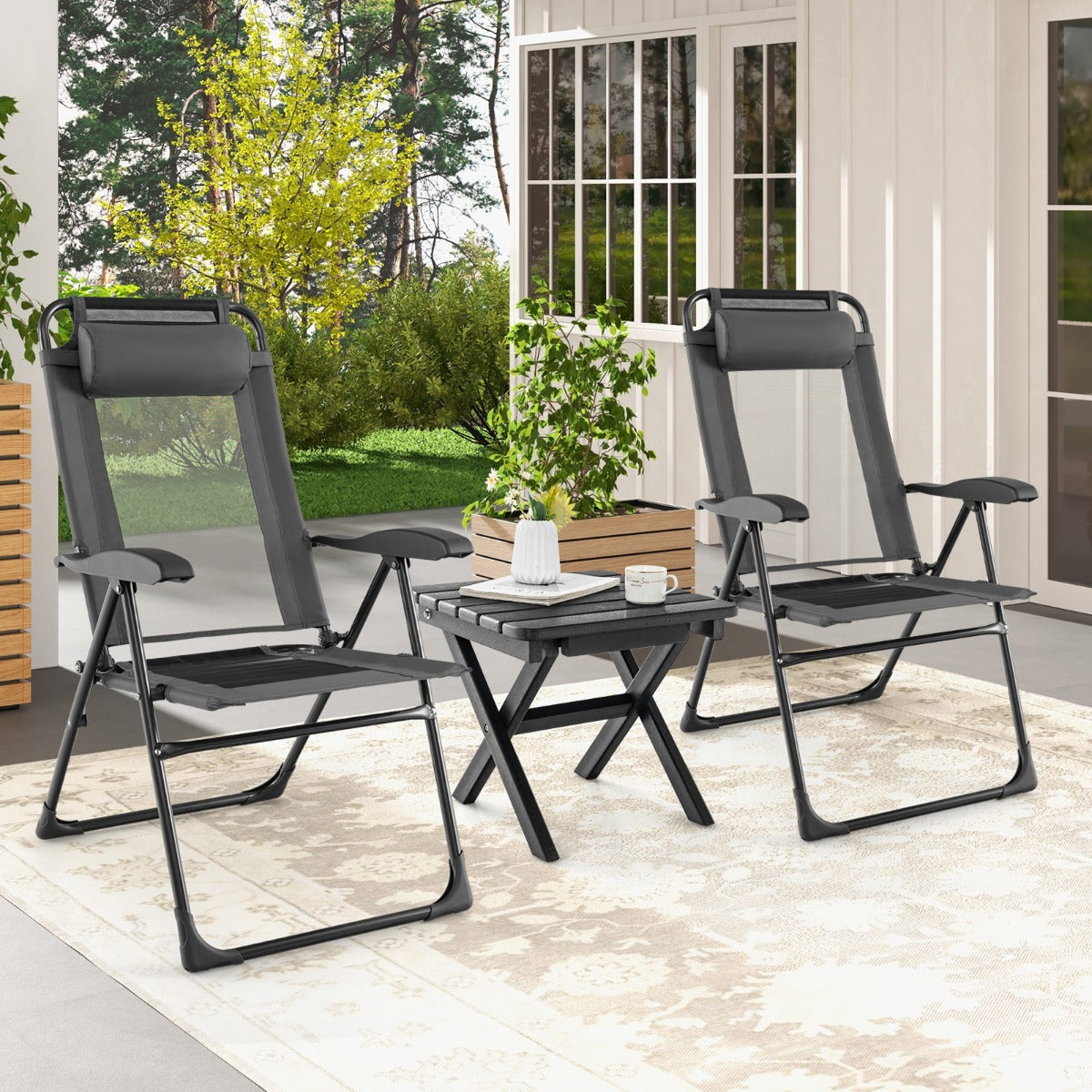 Chaise Longue, Lot de 2, Chaises de Jardin, Chaise Exterieur, Pliante en Tissu Oxford, Appuie-Tête, 7 Positions, Gris, Costway, 4