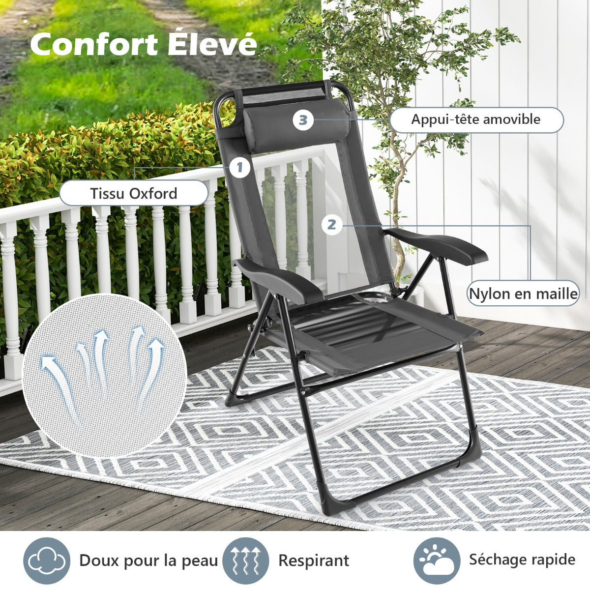 Chaise Longue, Lot de 2, Chaises de Jardin, Chaise Exterieur, Pliante en Tissu Oxford, Appuie-Tête, 7 Positions, Gris, Costway, 7