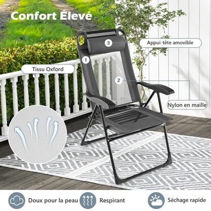 Chaise Longue, Lot de 2, Chaises de Jardin, Chaise Exterieur, Pliante en Tissu Oxford, Appuie-Tête, 7 Positions, Gris, Costway, 7