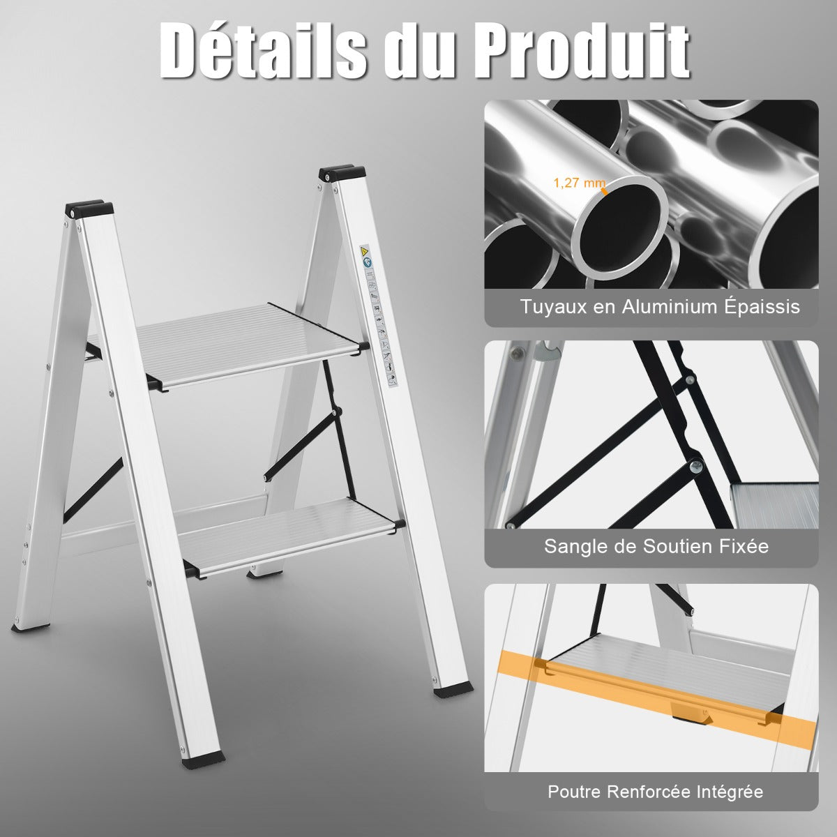 Escabeau, Escabeau Pliable, Marchepied Pliable 2 Marches, Aluminium, Marche Antidérapante Pieds en Caoutchouc Charge 150KG, Costway, 8