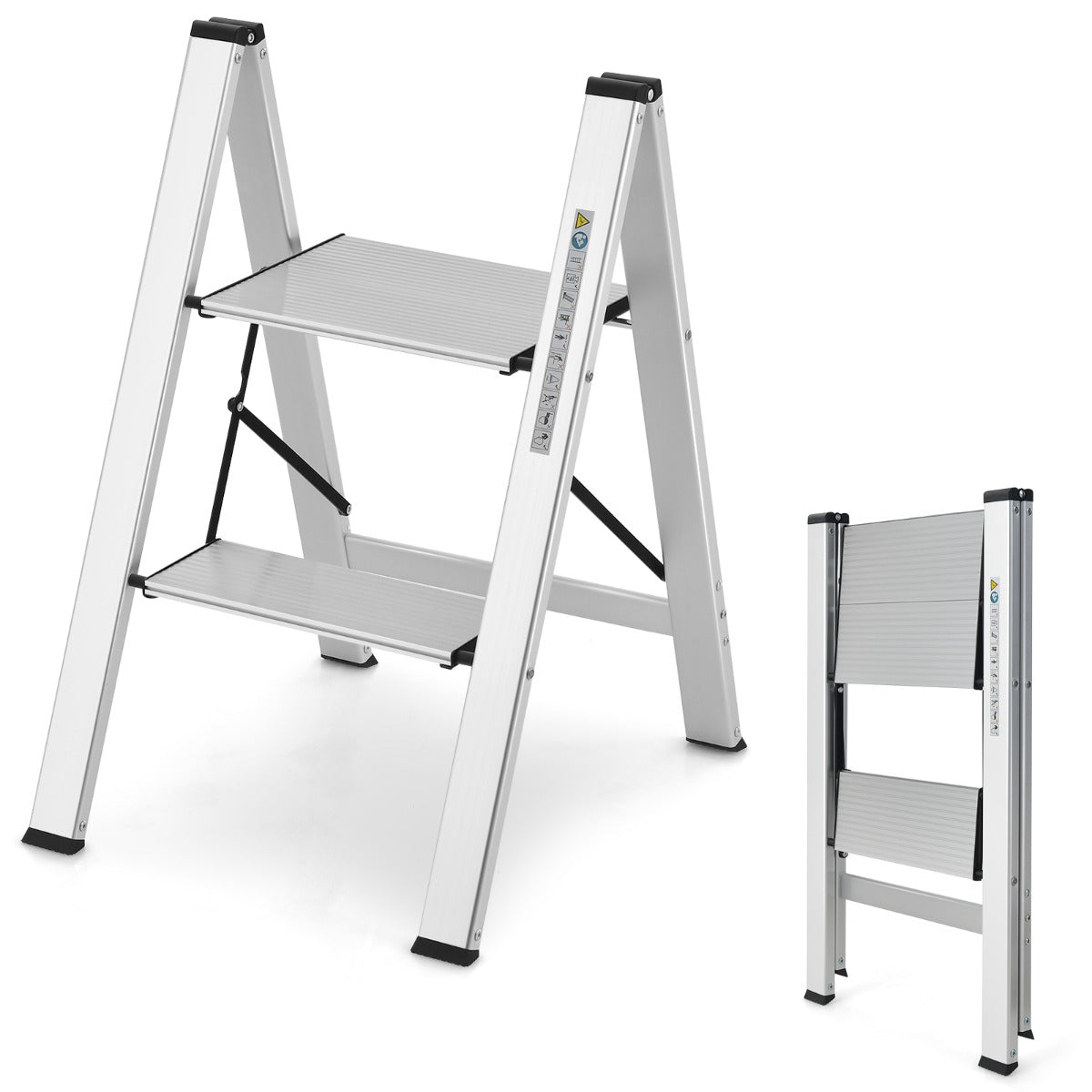 Escabeau, Escabeau Pliable, Marchepied Pliable 2 Marches, Aluminium, Marche Antidérapante Pieds en Caoutchouc Charge 150KG, Costway, 1