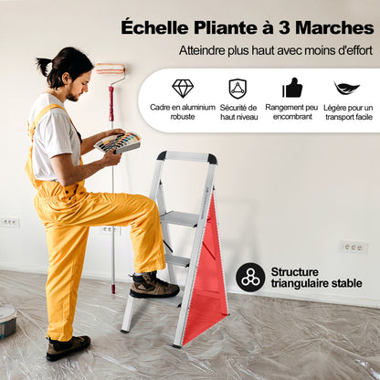 Escabeau, Escabeau 3 Marches Action, Escabeau Pliable, en Aluminium, Marche Antidérapante Pieds en Caoutchouc Charge 150KG, Costway, 4