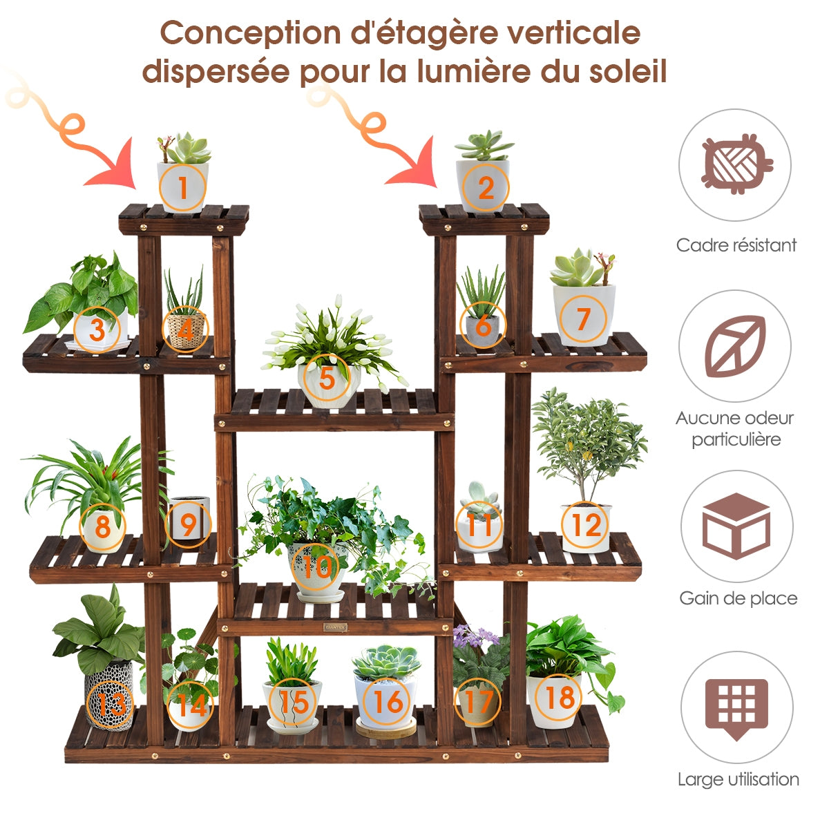 Etagere pour Plante, Meuble Plante, en Bois, 9 Tablettes pour 18 Pots, Support pot de Fleur, Charge 10KG, Costway, 5