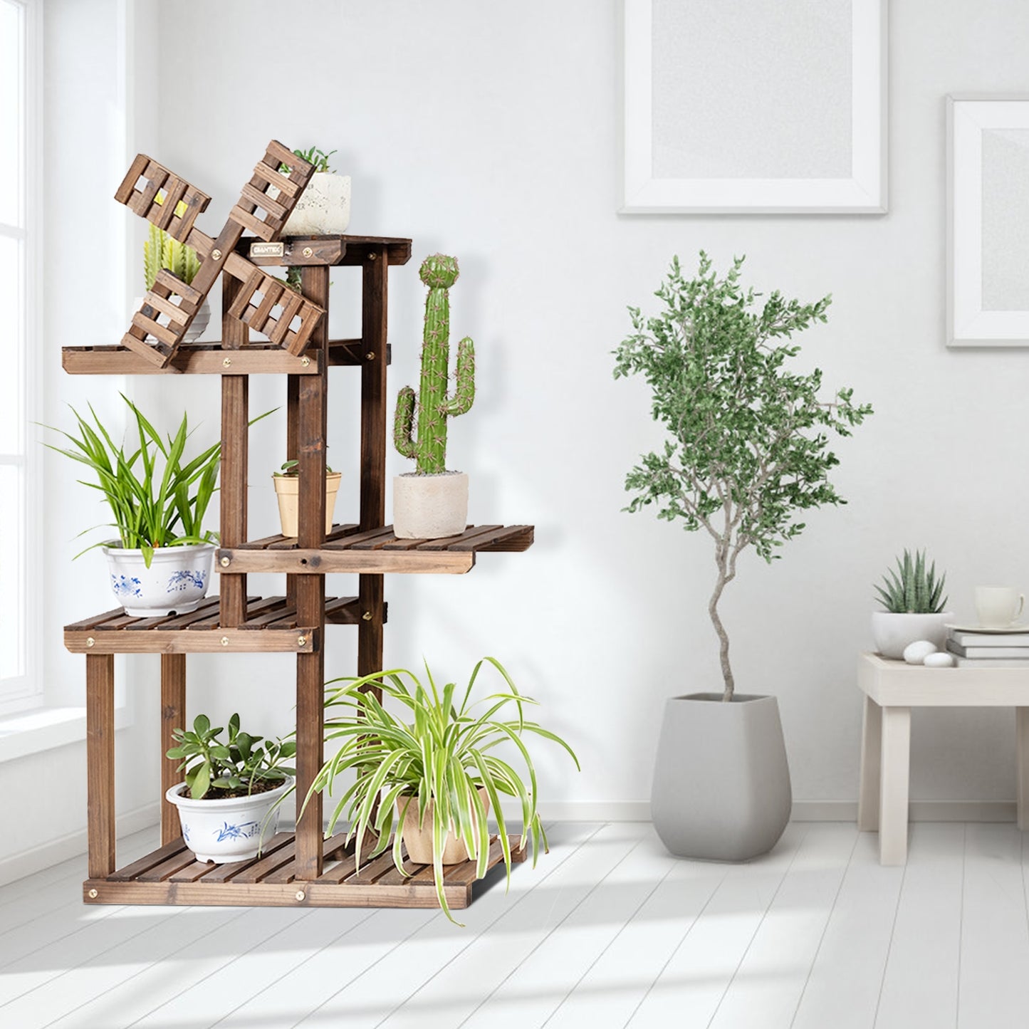 Etagere a Plante, Support pot de Fleur, Support plante, en Bois de Sapin, à 5 Niveaux avec Moulin à Vent Nature, Costway, 3