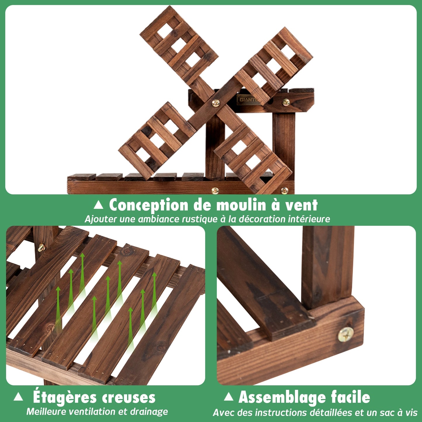 Etagere a Plante, Support pot de Fleur, Support plante, en Bois de Sapin, à 5 Niveaux avec Moulin à Vent Nature, Costway, 6