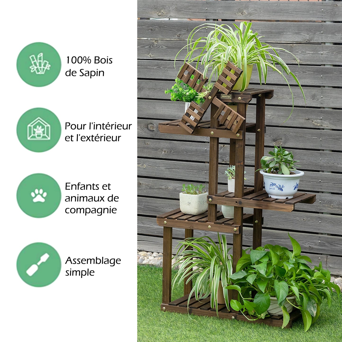 Etagere a Plante, Support pot de Fleur, Support plante, en Bois de Sapin, à 5 Niveaux avec Moulin à Vent Nature, Costway, 8