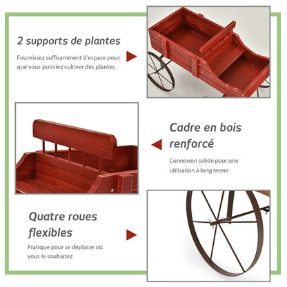 Support Plante, Support pot de Fleur, Brouette Décorative en Bois avec 2 Compartiments à Planter Roues Métalliques, Rouge, Costway, 5