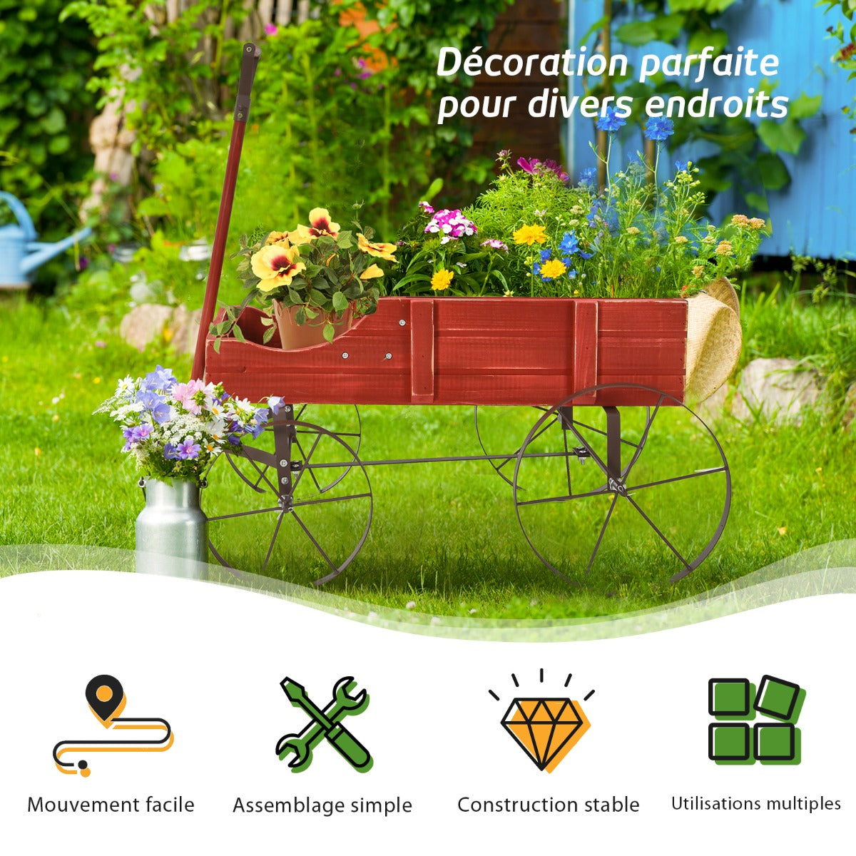 Support Plante, Support pot de Fleur, Brouette Décorative en Bois avec 2 Compartiments à Planter Roues Métalliques, Rouge, Costway, 4