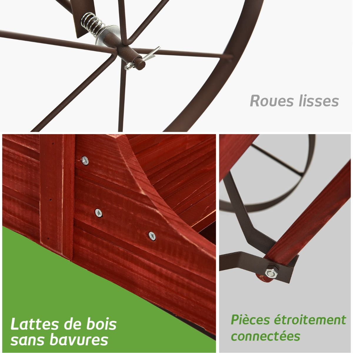 Support Plante, Support pot de Fleur, Brouette Décorative en Bois avec 2 Compartiments à Planter Roues Métalliques, Rouge, Costway, 8