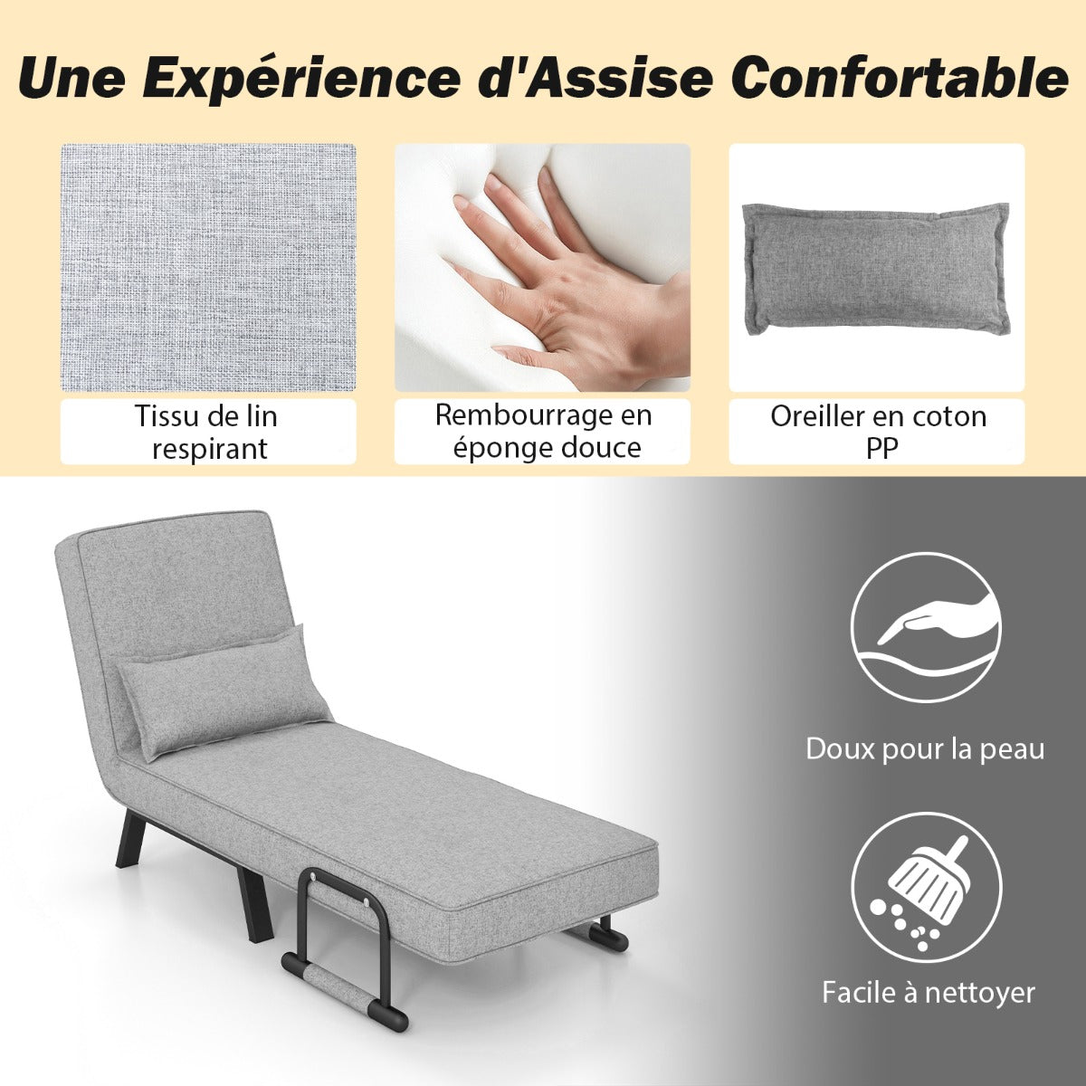 Fauteuil Convertible, Dossier Réglable en 6 Positions, Canapé Lit 1 Place, Fauteuil Confortable, Fauteuil Salon, Costway, 7