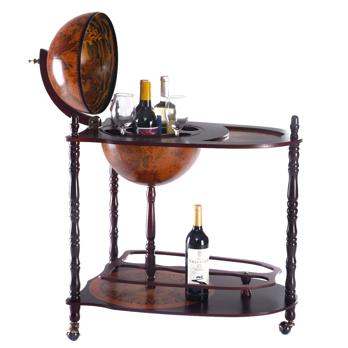 Bar Globe, Casier a Bouteille, Porte Bouteille Vin, Range Bouteille, Minibar Etagère en bois Bar roulant Marron, Costway, 1