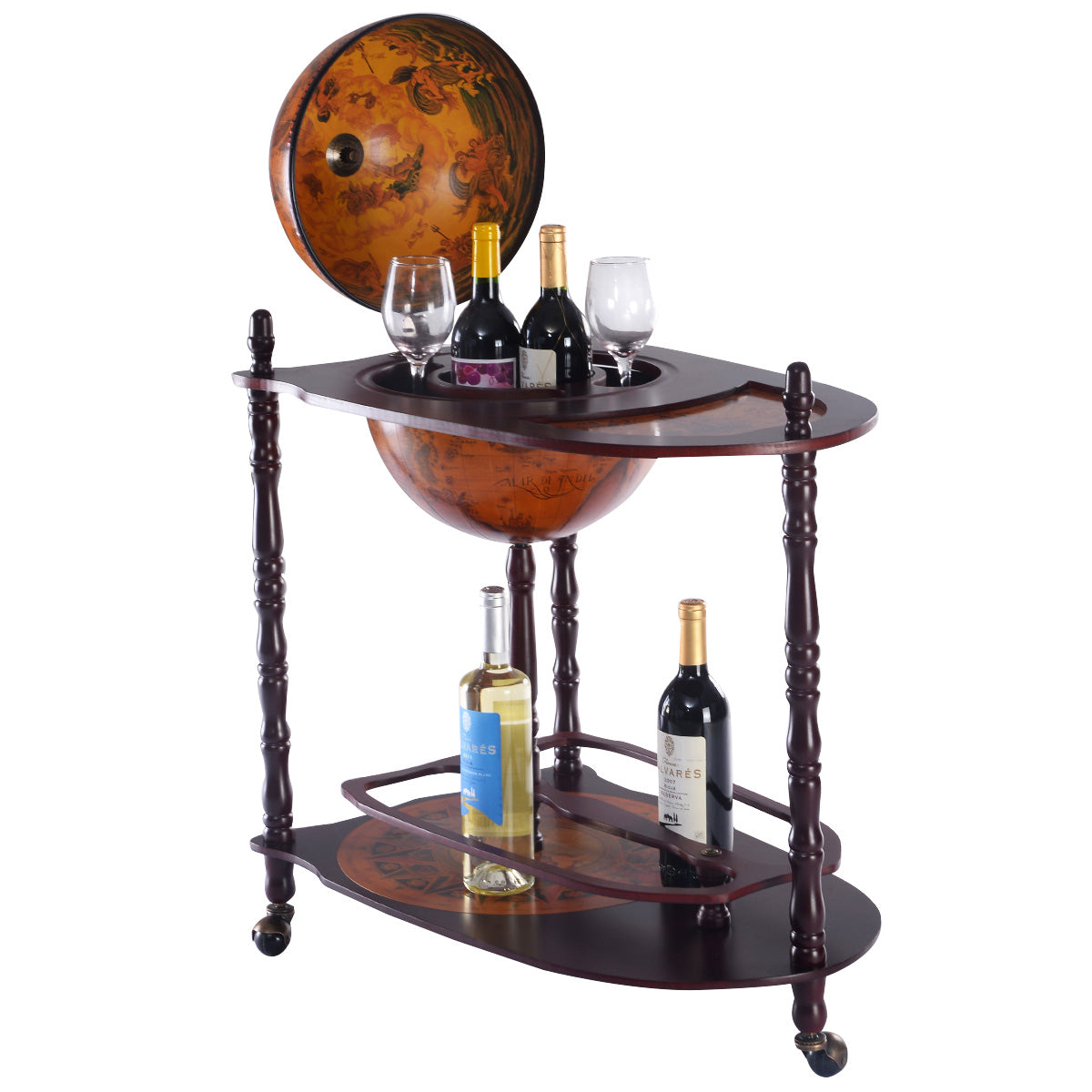 Bar Globe, Casier a Bouteille, Porte Bouteille Vin, Range Bouteille, Minibar Etagère en bois Bar roulant Marron, Costway, 4