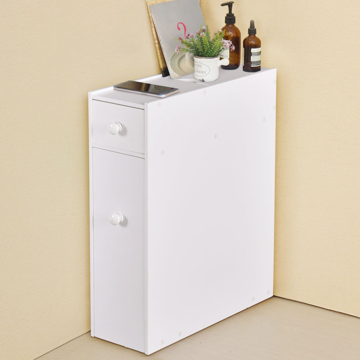 Armoire WC, Armoire salle de bain, Petit Meuble salle de bain, Armoire de toilette, avec Deux Tiroir, Blanc, Costway, 3