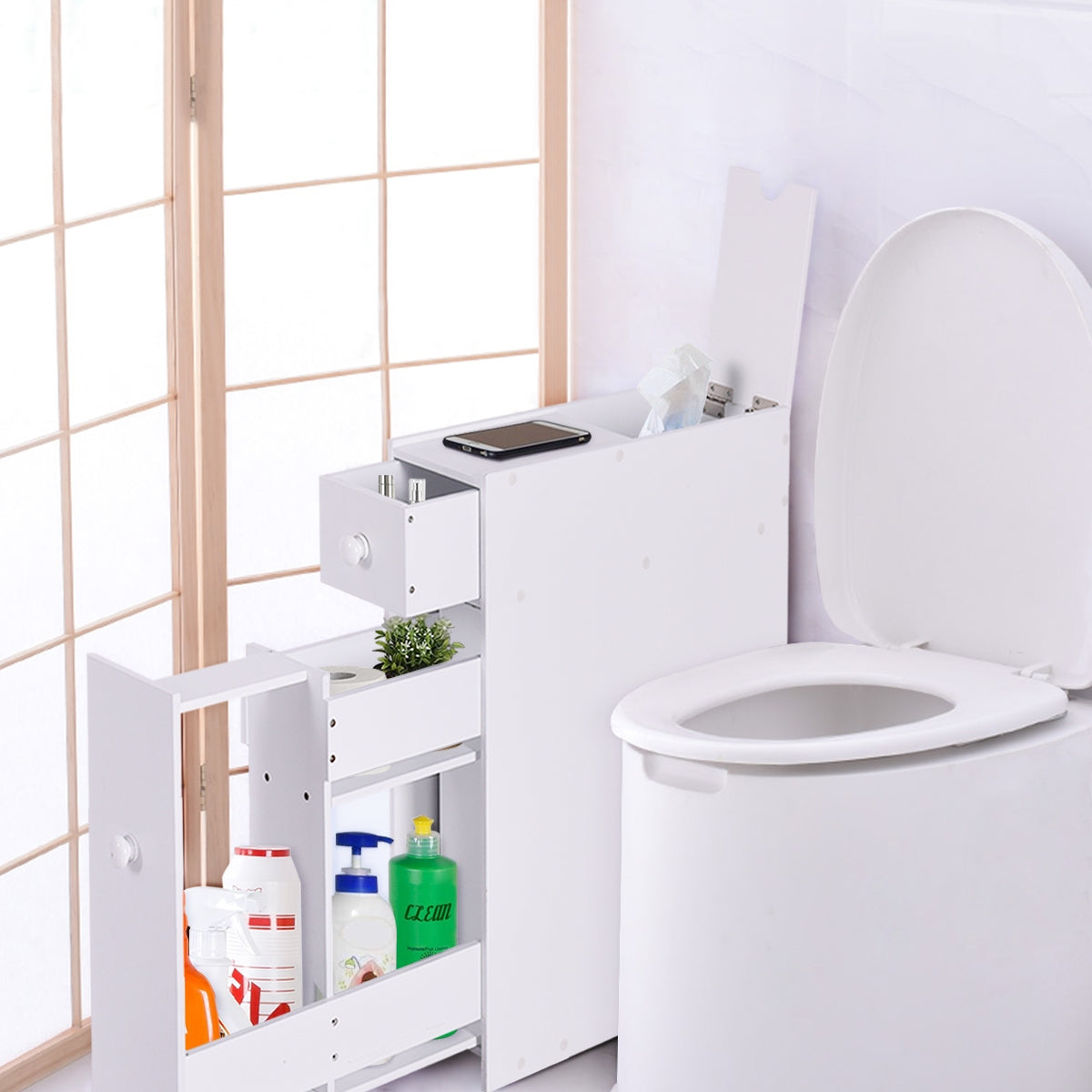 Armoire WC, Armoire salle de bain, Petit Meuble salle de bain, Armoire de toilette, avec Deux Tiroir, Blanc, Costway, 2