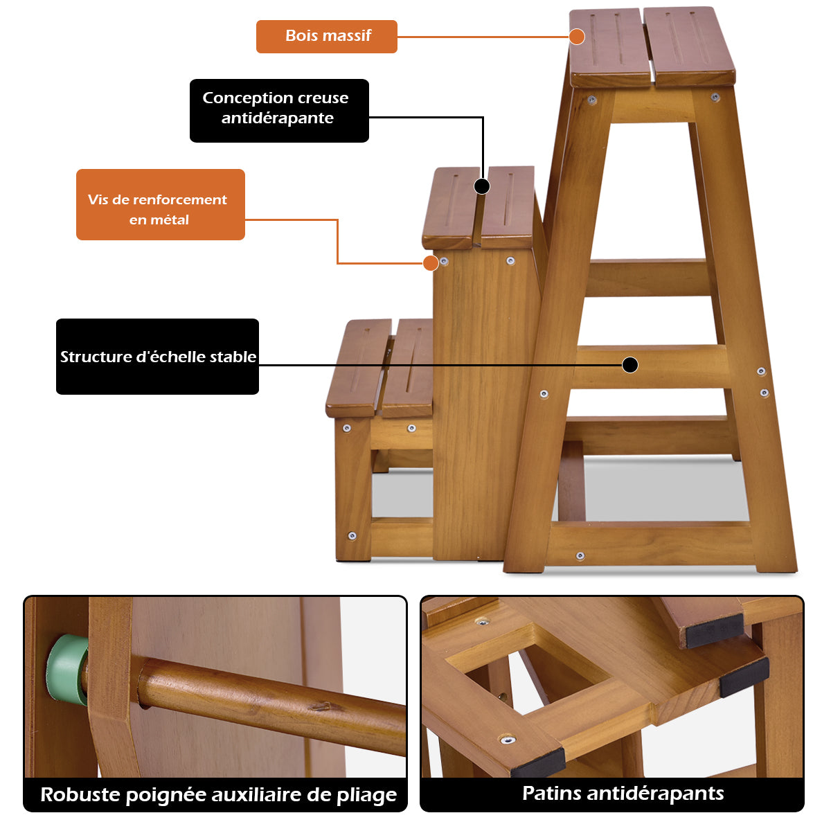 Tabouret Escabeau, Escabeau 3 Marches Action, Escabeau Pliable, 3 Marches, Siège, Capacité 130-150kg, Costway, 5