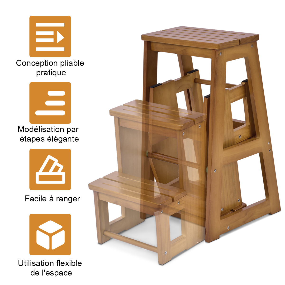 Tabouret Escabeau, Escabeau 3 Marches Action, Escabeau Pliable, 3 Marches, Siège, Capacité 130-150kg, Costway, 6