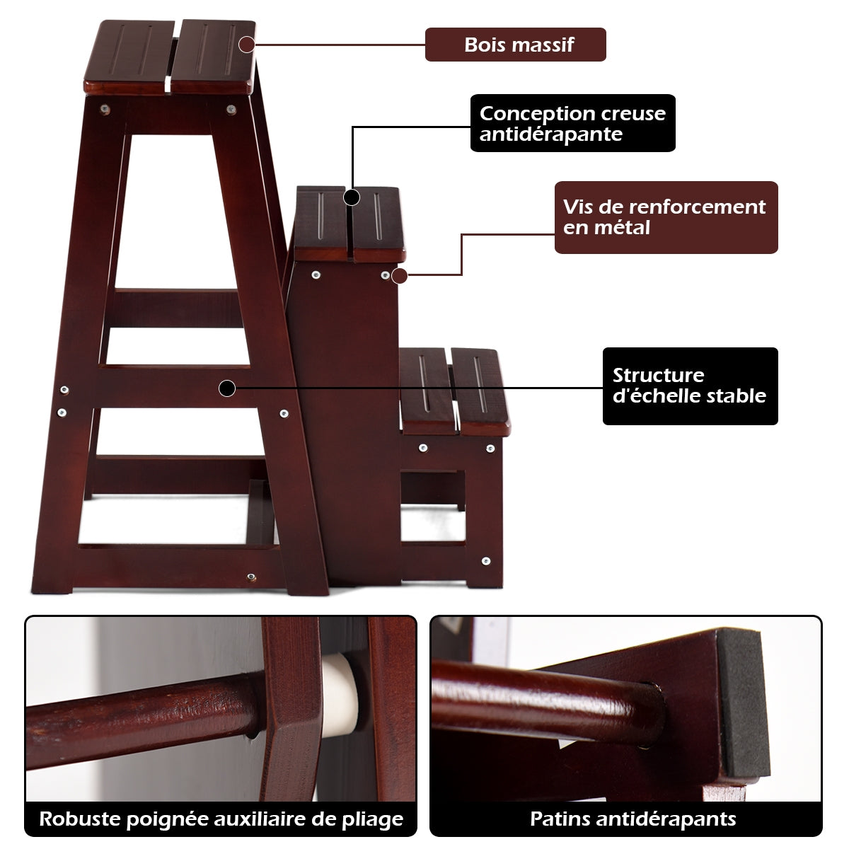 Tabouret Escabeau, Escabeau 3 Marches Action, Escabeau Pliable, 3 Marches, Siège, Capacité 130-150kg Brun, Costway, 8