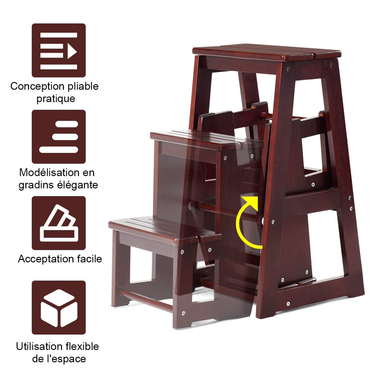 Tabouret Escabeau, Escabeau 3 Marches Action, Escabeau Pliable, 3 Marches, Siège, Capacité 130-150kg Brun, Costway, 7