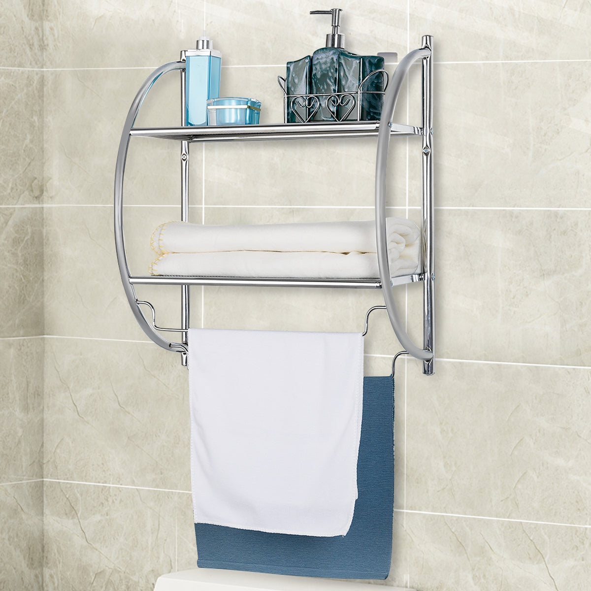 Etagere murale salle de bain, Porte-serviettes avec 2 Tablettes et 2 Barres en Métal Chromé, Argenté, Costway, 2