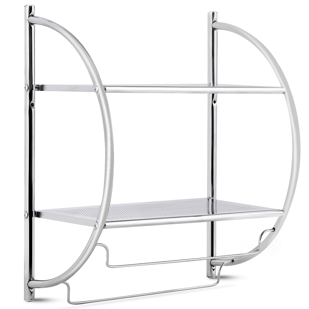 Etagere murale salle de bain, Porte-serviettes avec 2 Tablettes et 2 Barres en Métal Chromé, Argenté, Costway, 6