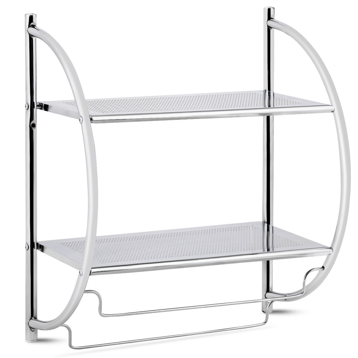 Etagere murale salle de bain, Porte-serviettes avec 2 Tablettes et 2 Barres en Métal Chromé, Argenté, Costway, 5