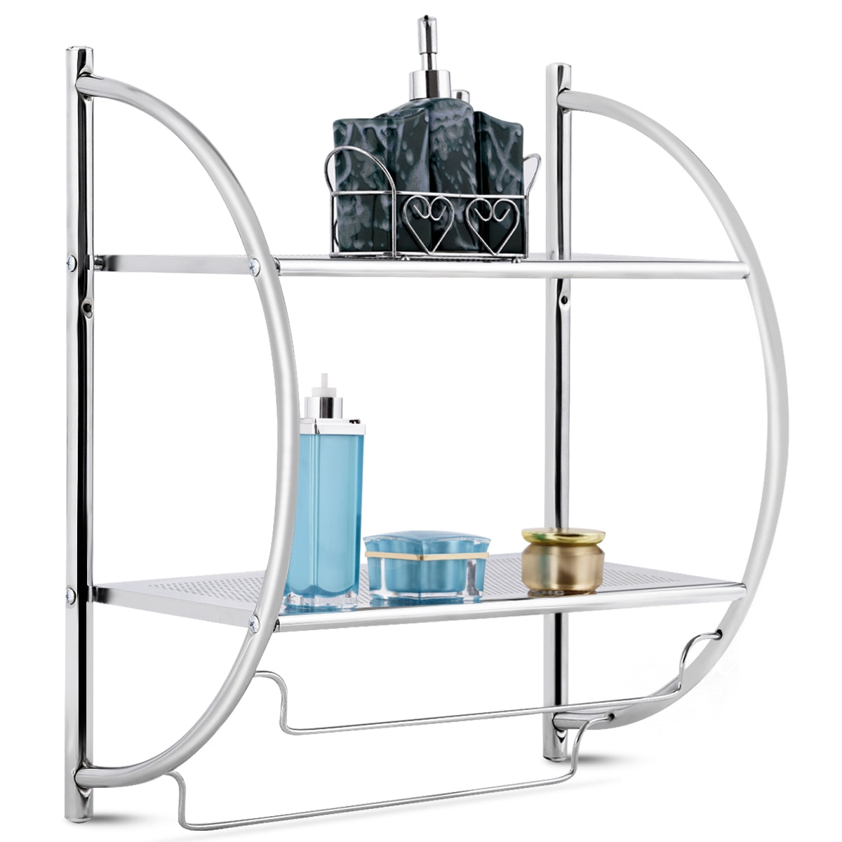 Etagere murale salle de bain, Porte-serviettes avec 2 Tablettes et 2 Barres en Métal Chromé, Argenté, Costway, 4