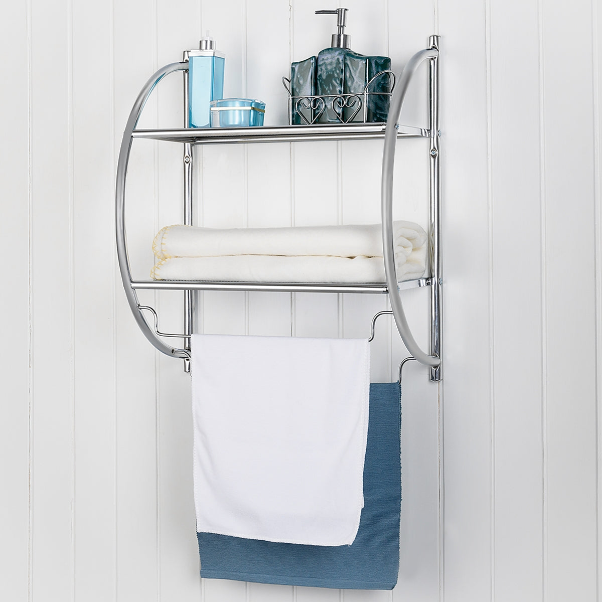 Etagere murale salle de bain, Porte-serviettes avec 2 Tablettes et 2 Barres en Métal Chromé, Argenté, Costway, 3