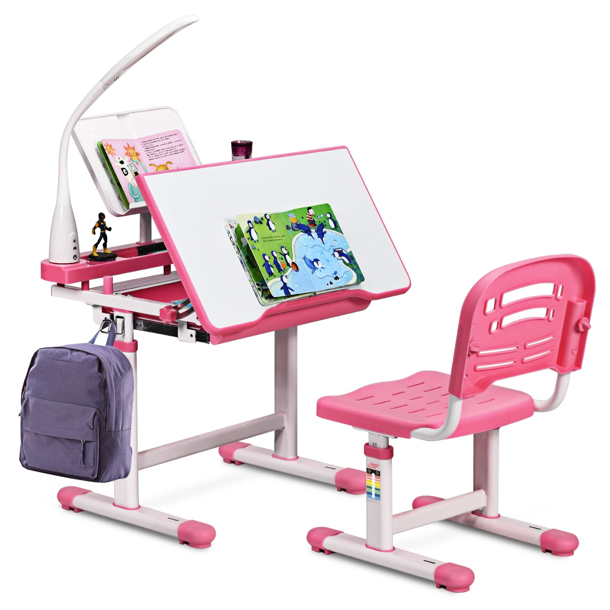 Table et Chaise Enfant, Bureau enfant primaire, Hauteur Réglable Plateau Inclinable Capacité chaise 80kg, Rose, Costway, 5