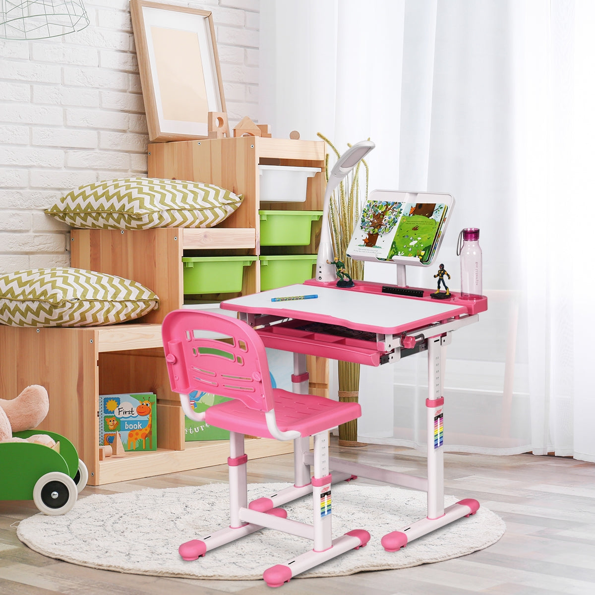 Table et Chaise Enfant, Bureau enfant primaire, Hauteur Réglable Plateau Inclinable Capacité chaise 80kg, Rose, Costway, 2