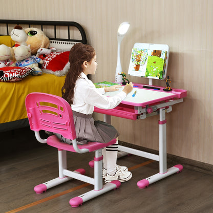 Table et Chaise Enfant, Bureau enfant primaire, Hauteur Réglable Plateau Inclinable Capacité chaise 80kg, Rose, Costway, 3