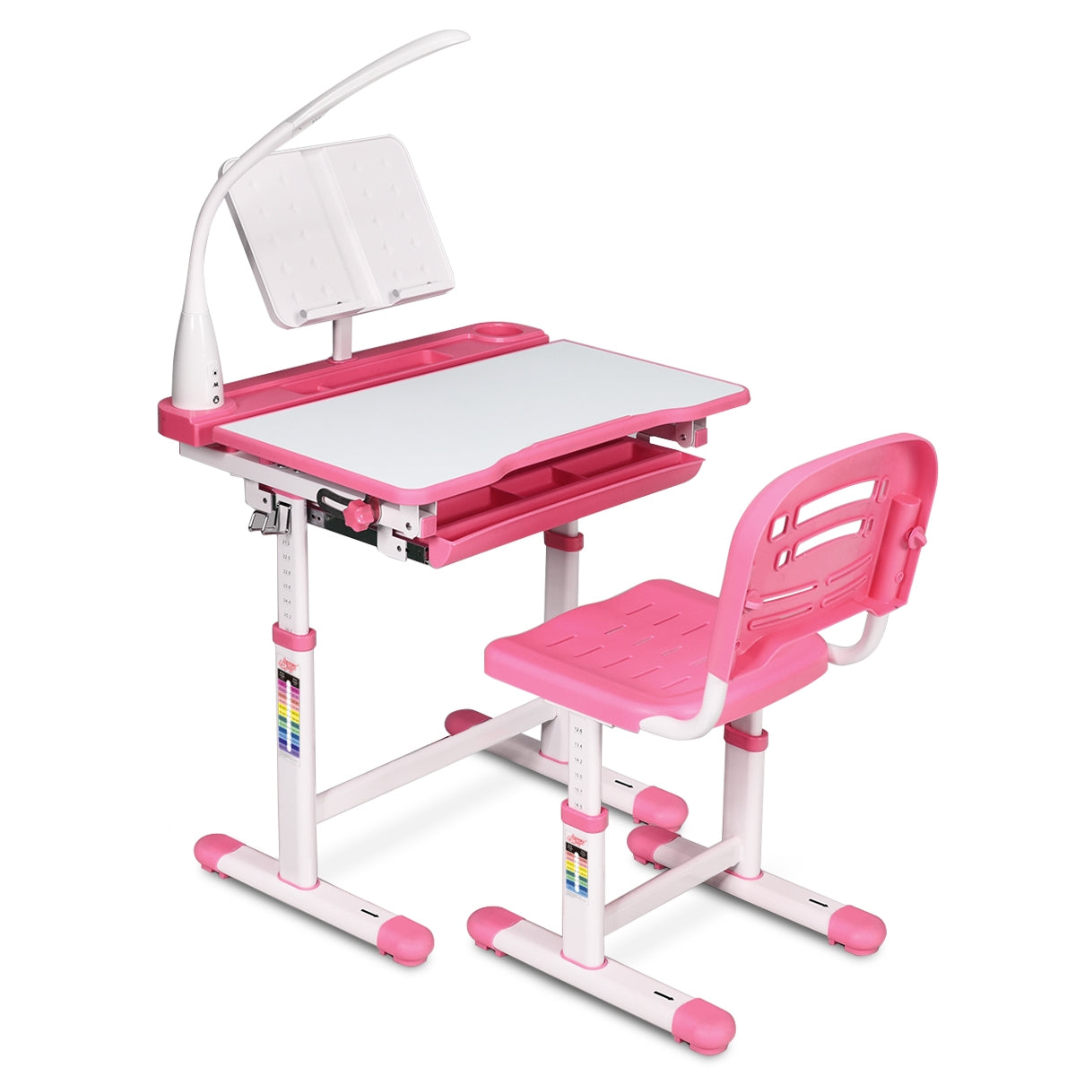 Table et Chaise Enfant, Bureau enfant primaire, Hauteur Réglable Plateau Inclinable Capacité chaise 80kg, Rose, Costway, 8