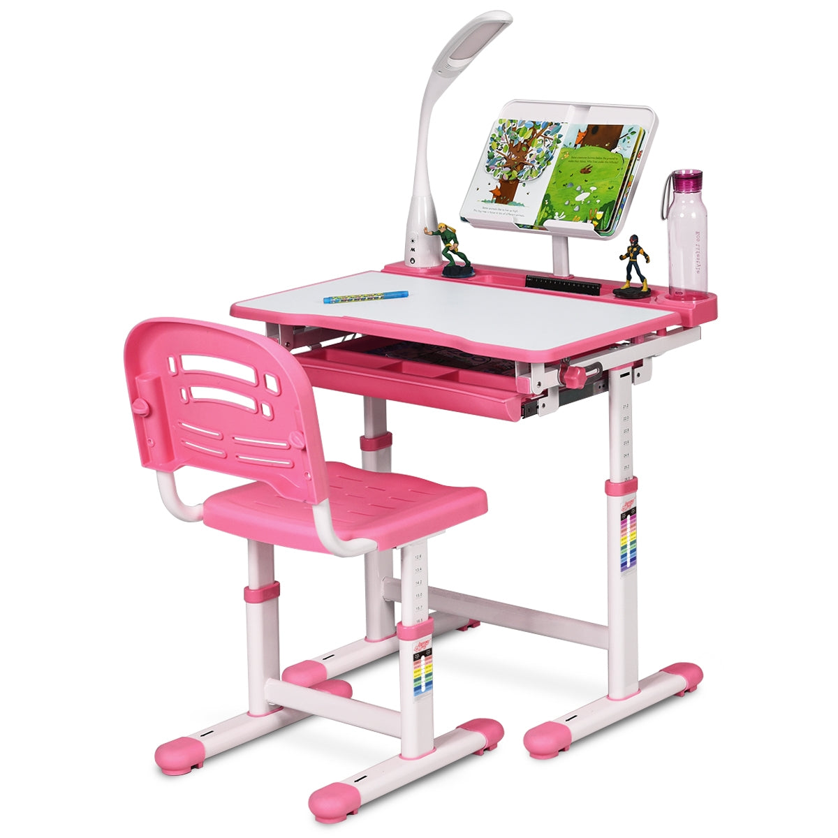 Table et Chaise Enfant, Bureau enfant primaire, Hauteur Réglable Plateau Inclinable Capacité chaise 80kg, Rose, Costway, 4