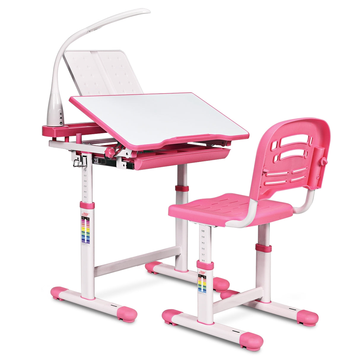 Table et Chaise Enfant, Bureau enfant primaire, Hauteur Réglable Plateau Inclinable Capacité chaise 80kg, Rose, Costway, 1