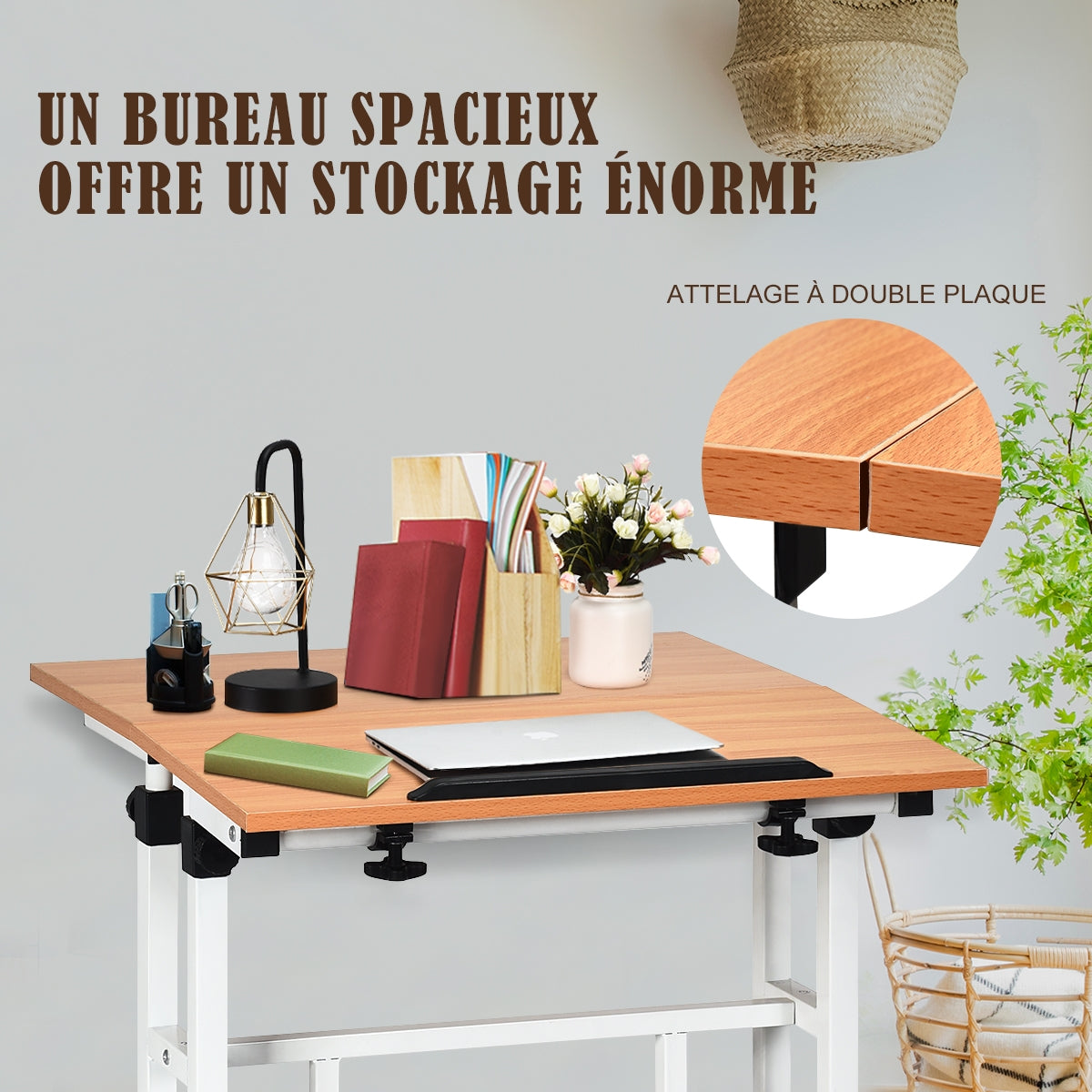 Bureau Assis Debout à Roulettes, Bureau Ordinateur, Bureau Informatique, Bureau Moderne, Noyer, Costway, 8