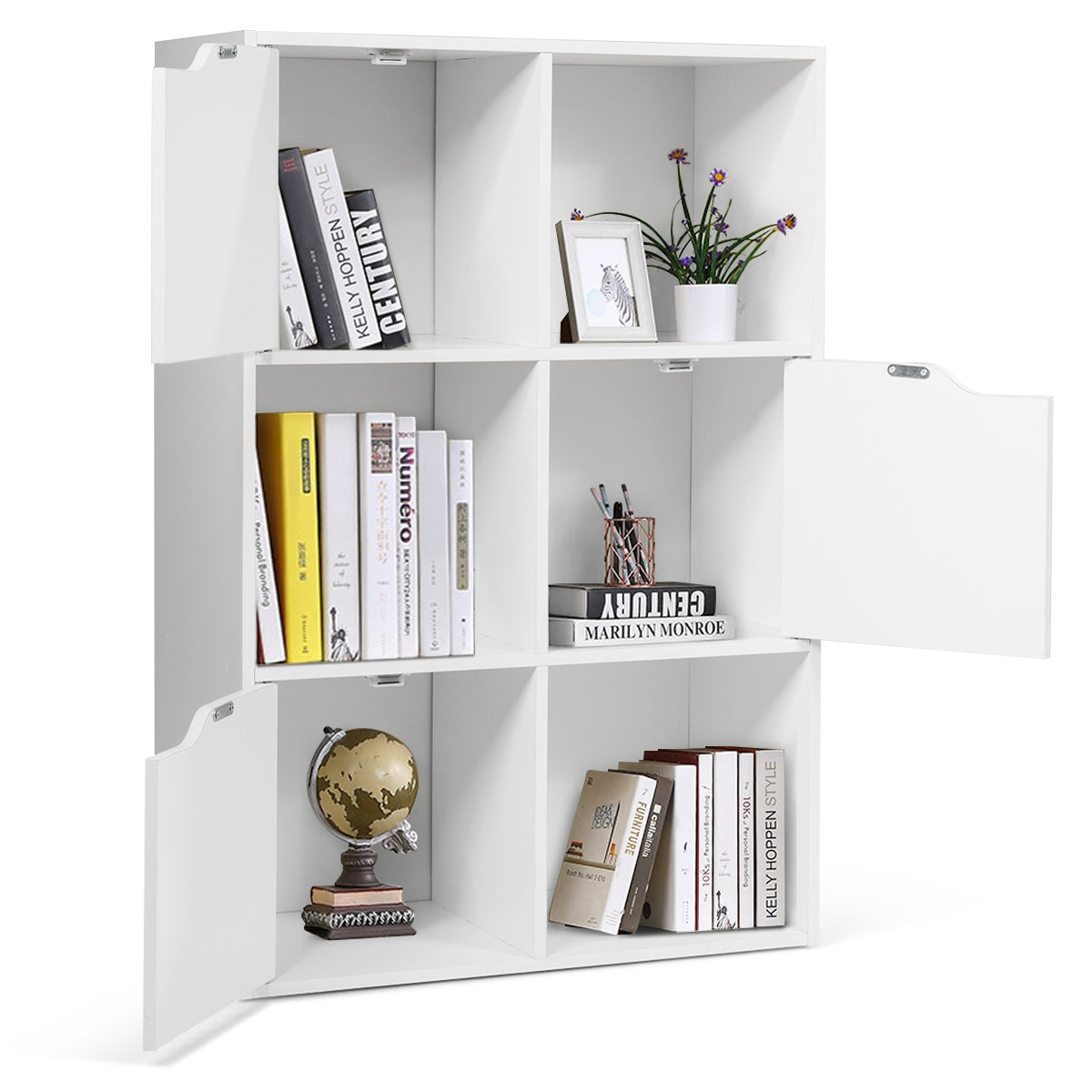 Etagere Salon, Etagere de Rangement, Casier avec 6 Compartiments 3 Ouverts et 3 avec Portes, Capacité 30 kg, Blanc, Costway, 7