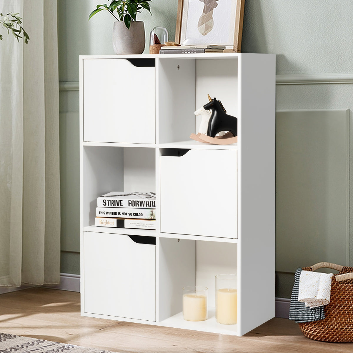 Etagere Salon, Etagere de Rangement, Casier avec 6 Compartiments 3 Ouverts et 3 avec Portes, Capacité 30 kg, Blanc, Costway, 5