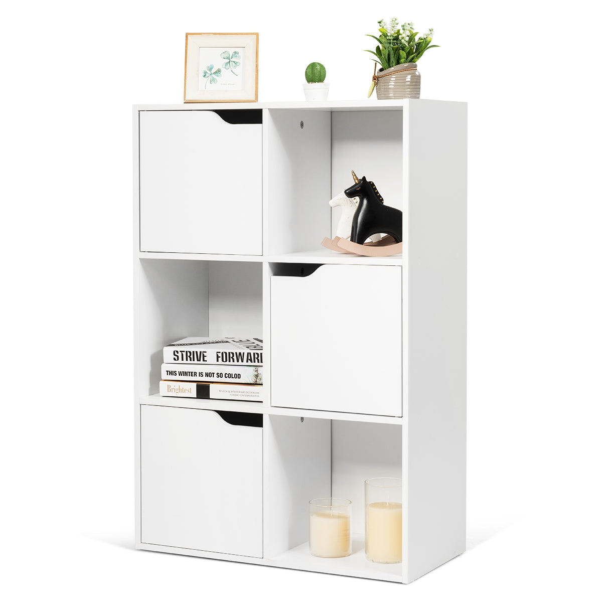 Etagere Salon, Etagere de Rangement, Casier avec 6 Compartiments 3 Ouverts et 3 avec Portes, Capacité 30 kg, Blanc, Costway, 6