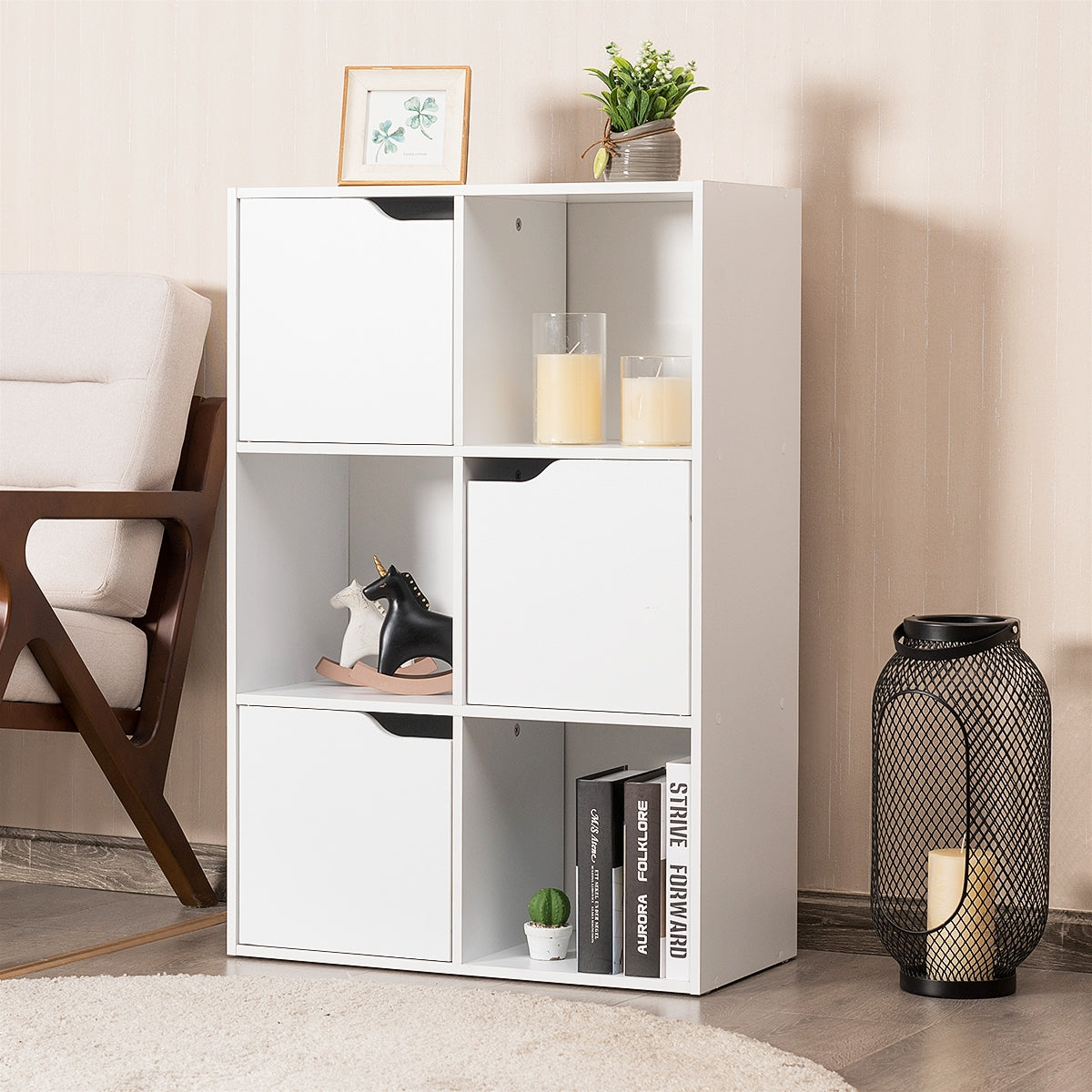 Etagere Salon, Etagere de Rangement, Casier avec 6 Compartiments 3 Ouverts et 3 avec Portes, Capacité 30 kg, Blanc, Costway, 3