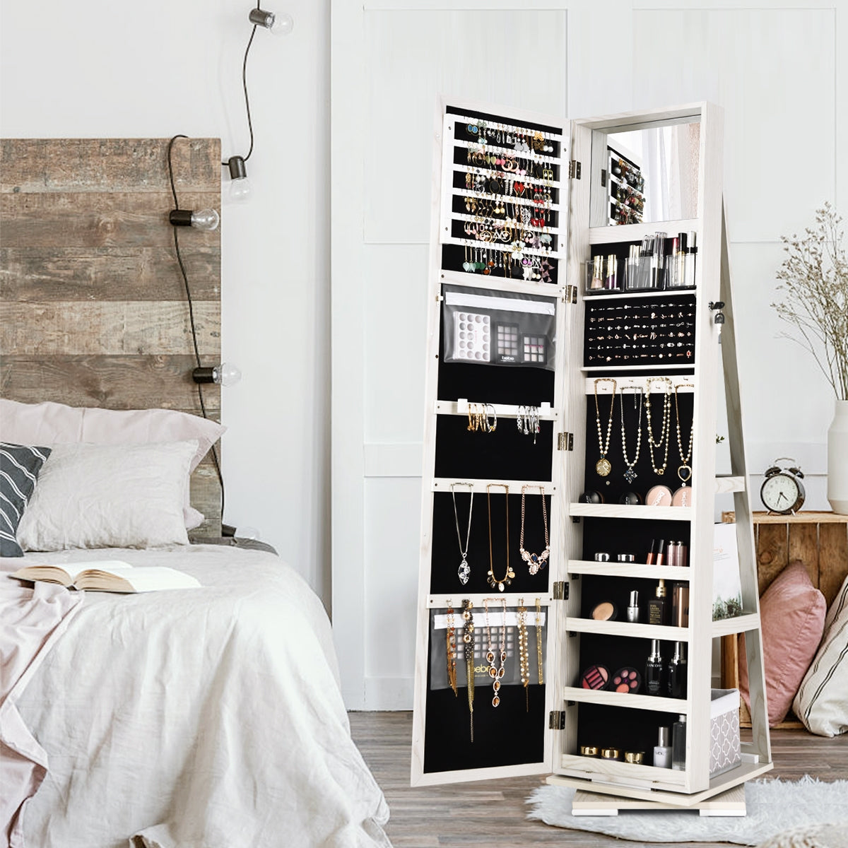 Armoire a Bijoux, Miroir Bijoux, Pivotante à 360 Degrés avec Grand Miroir Psyché et Etagère de Rangement à L’Arrière, Blanc, Costway, 2