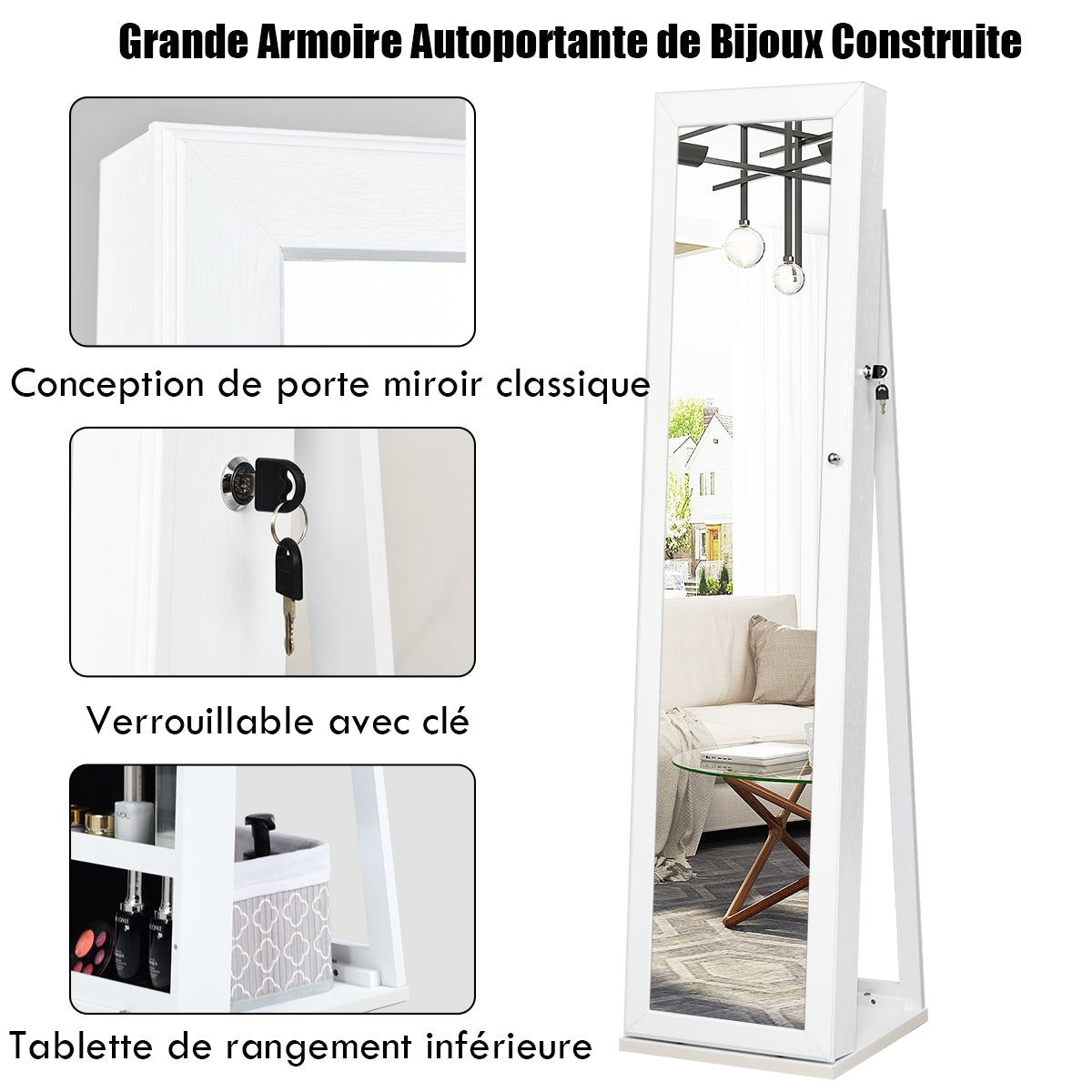 Armoire a Bijoux, Miroir Bijoux, Armoire Bijoux, sur Pieds Miroir Pleine Longueur et Miroir de Maquillage Intégré, Blanc, Costway, 8