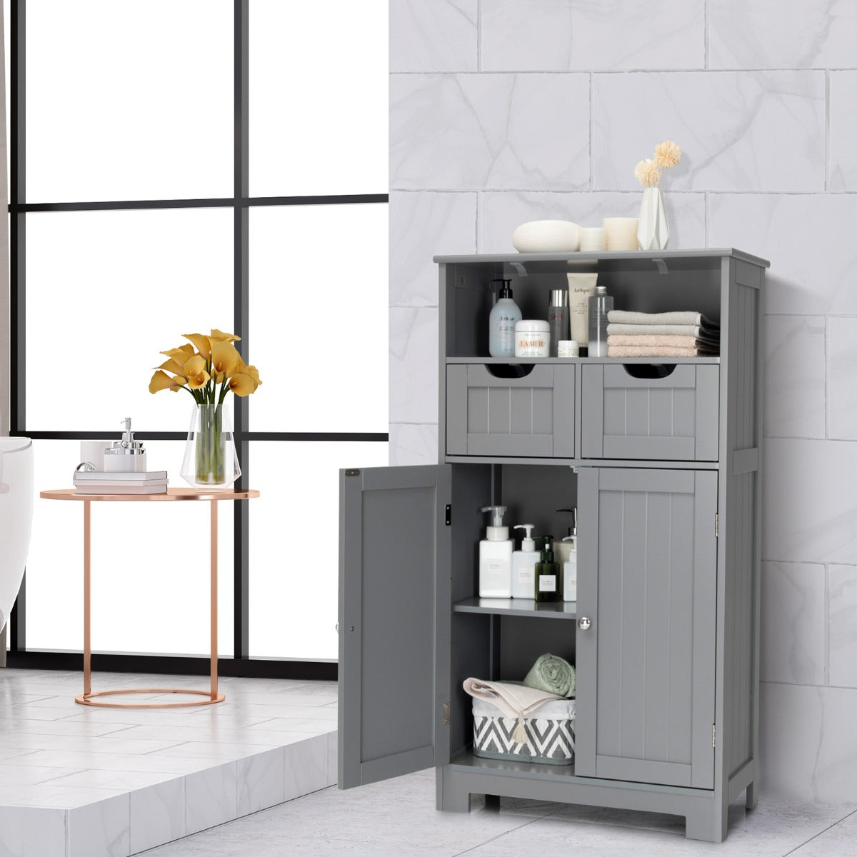 Armoire salle de bain, Armoire WC, Meuble Rangement salle de bain, Meuble de Salle de Bain, 2 Tiroirs, 2 Portes, Gris, Costway, 3