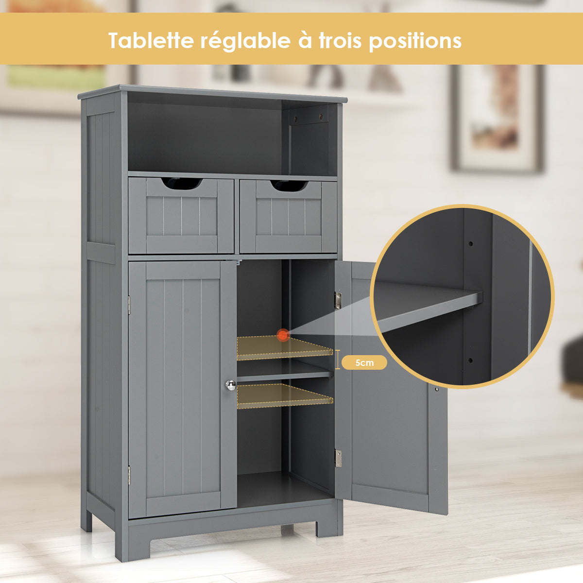 Armoire salle de bain, Armoire WC, Meuble Rangement salle de bain, Meuble de Salle de Bain, 2 Tiroirs, 2 Portes, Gris, Costway, 7