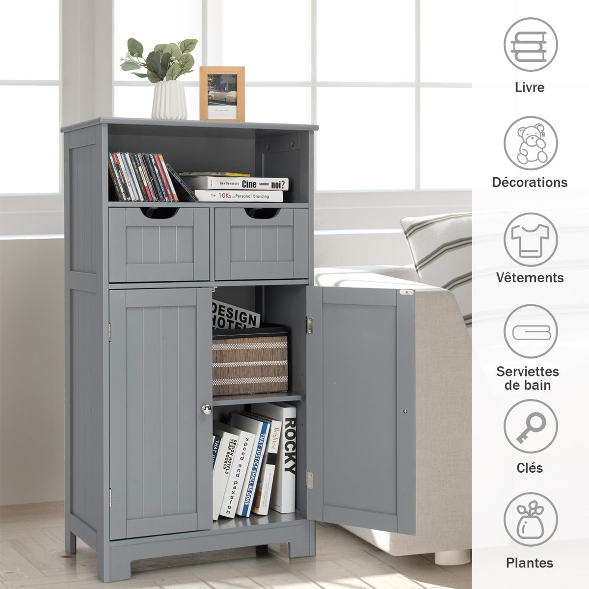 Armoire salle de bain, Armoire WC, Meuble Rangement salle de bain, Meuble de Salle de Bain, 2 Tiroirs, 2 Portes, Gris, Costway, 5